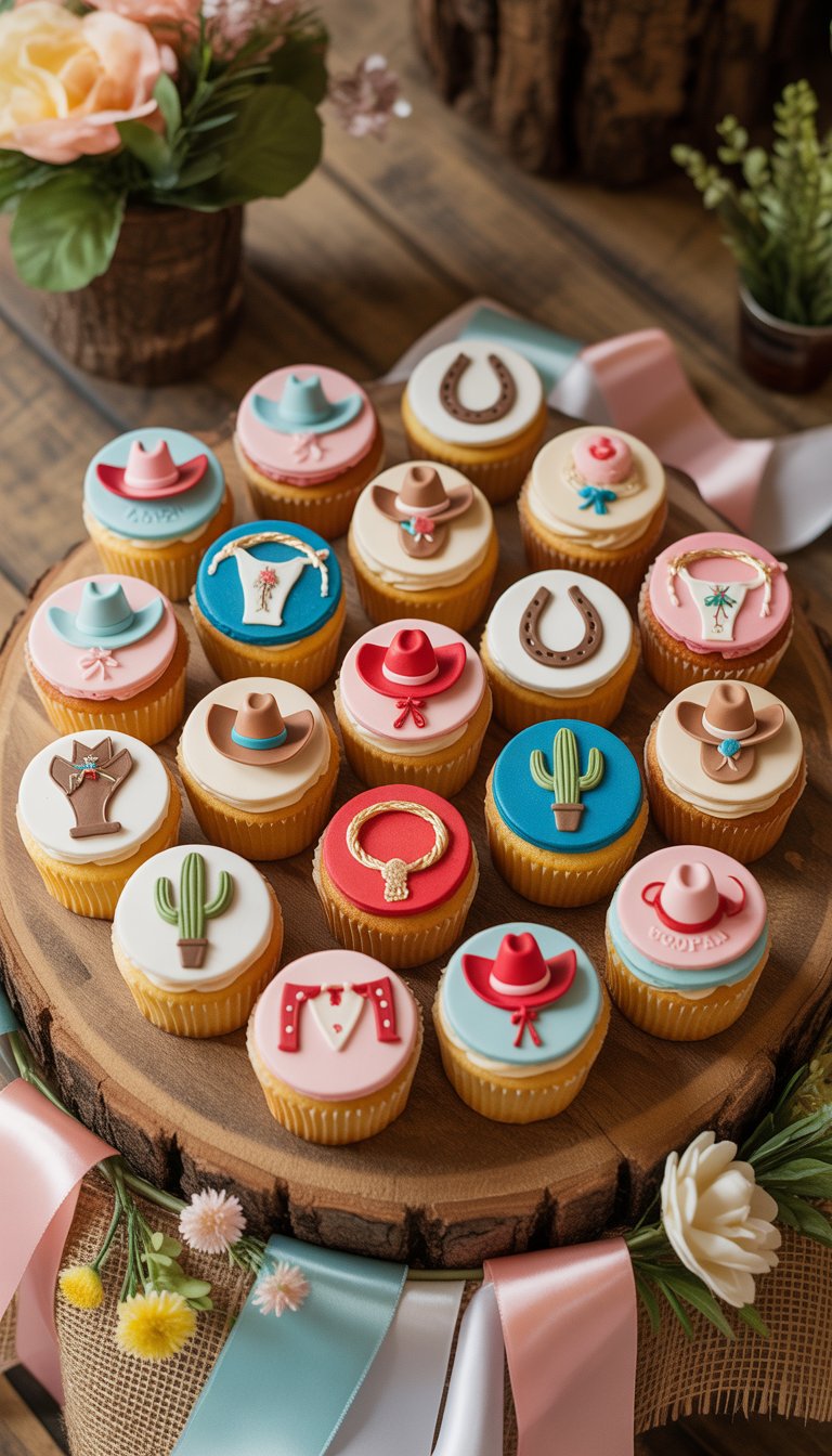 Cupcakes decorated with rodeo-themed cowgirl toppers arranged on a wooden table with baby shower decorations around them.